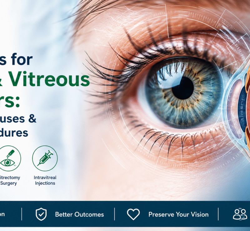 Treatments for Retina & Vitreous Disorders showing retinal anatomy, advanced eye diagnostics, laser treatment, vitrectomy surgery, and retina care by Dr. Aggarwal's Eye Clinic.